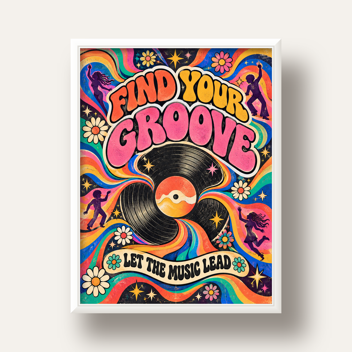 Retro Müzik ve Dans Temalı Psychedelic Poster Baskı — beyaz derin çerçeveli