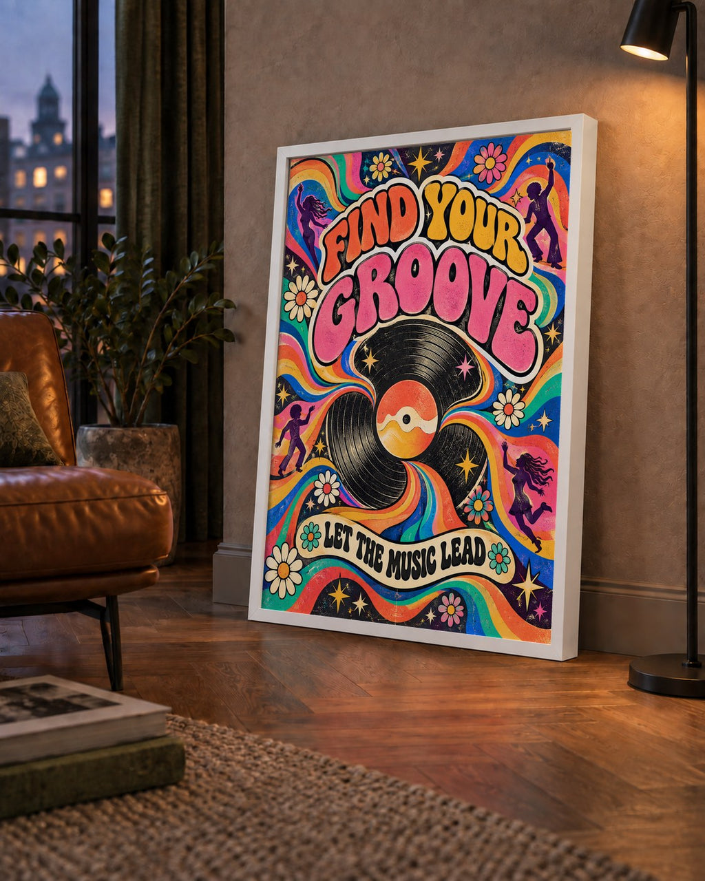 Retro Müzik ve Dans Temalı Psychedelic Poster Baskı — çerçeveli hâliyle bir ev duvarında