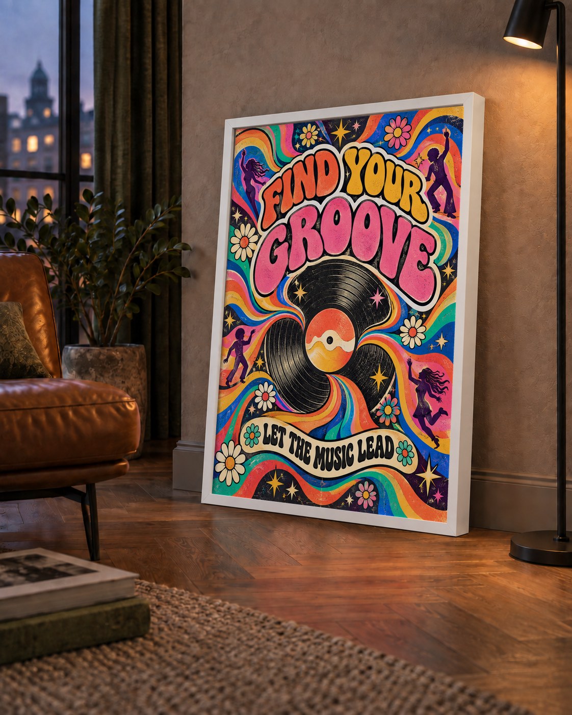 Retro Müzik ve Dans Temalı Psychedelic Poster Baskı — çerçeveli hâliyle bir ev duvarında