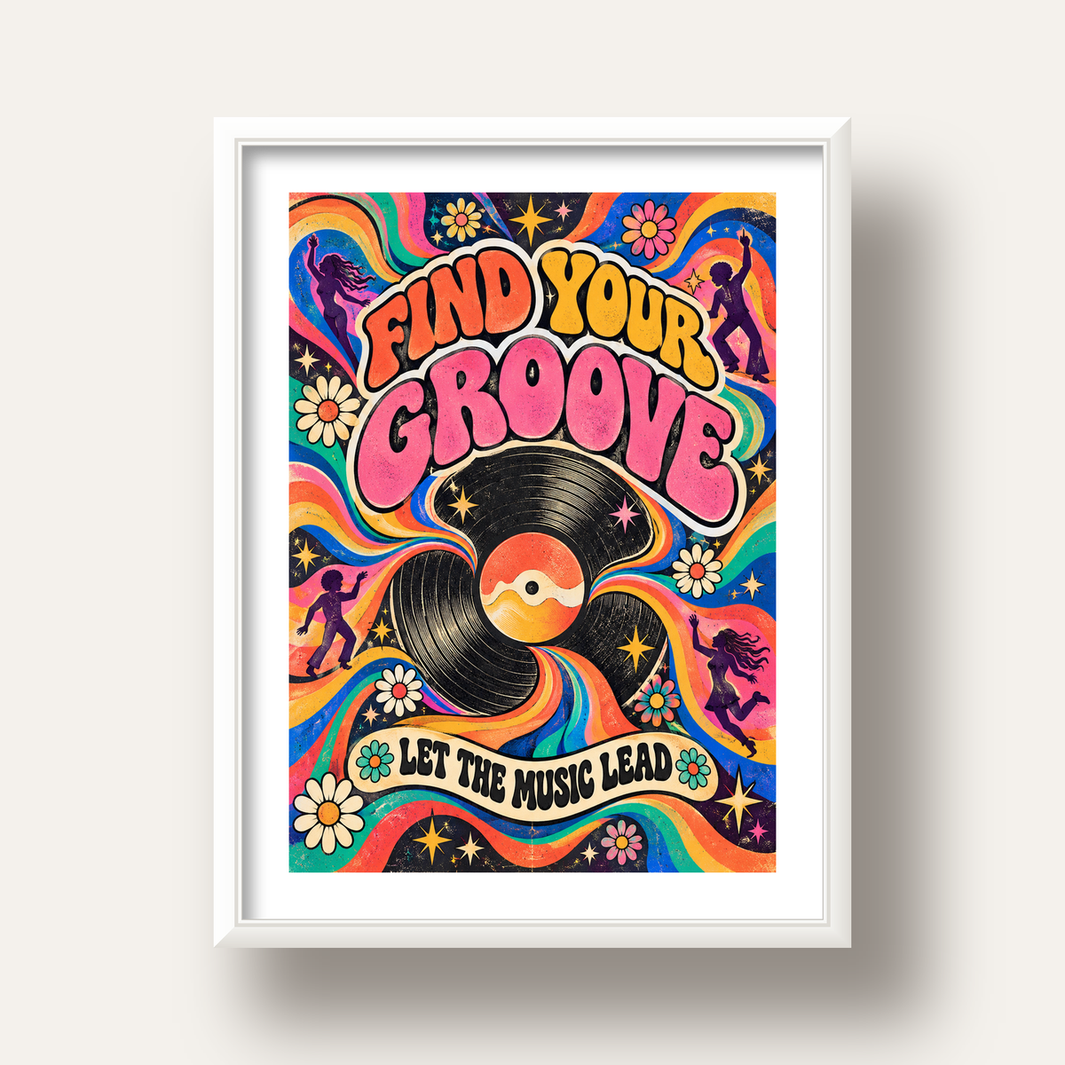 Retro Müzik ve Dans Temalı Psychedelic Poster Baskı — beyaz derin çerçeveli paspartulu