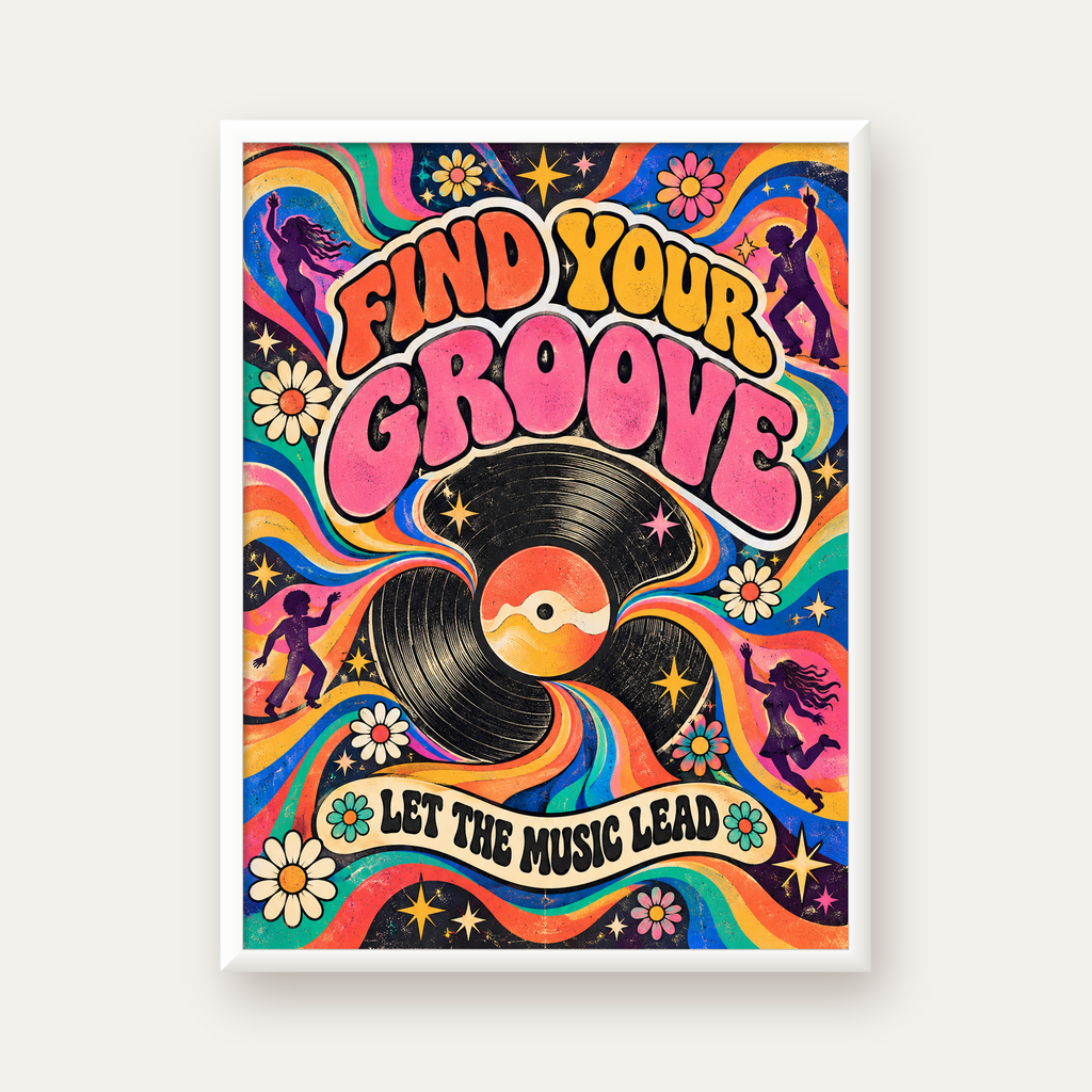 Retro Müzik ve Dans Temalı Psychedelic Poster Baskı — beyaz çerçeveli dikey poster