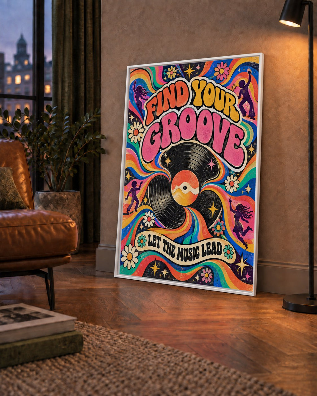 Retro Müzik ve Dans Temalı Psychedelic Poster Baskı — çerçeveli hâliyle bir ev duvarında