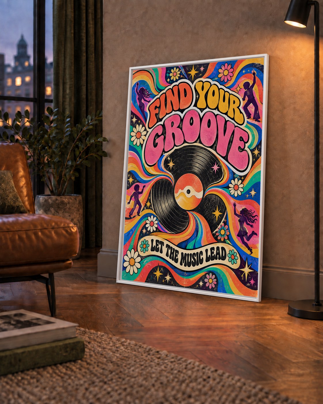 Retro Müzik ve Dans Temalı Psychedelic Poster Baskı — çerçeveli hâliyle bir ev duvarında
