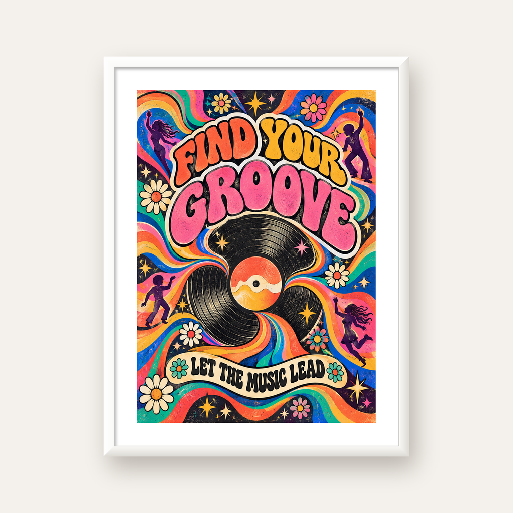 Retro Müzik ve Dans Temalı Psychedelic Poster Baskı — beyaz çerçeveli dikey poster