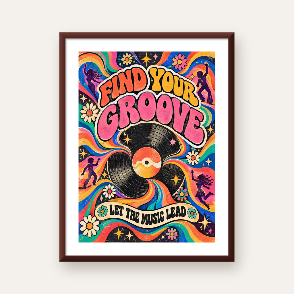 Retro Müzik ve Dans Temalı Psychedelic Poster Baskı — ceviz çerçeveli paspartulu