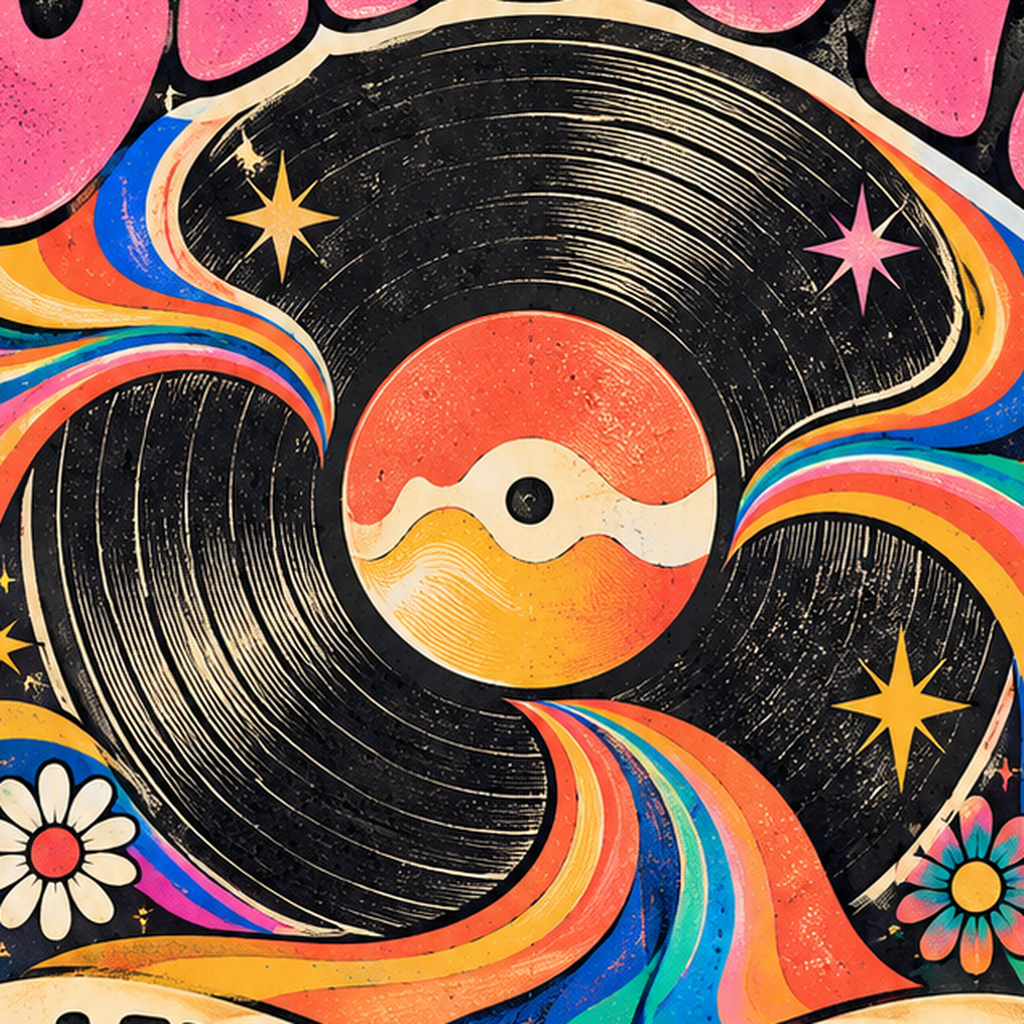 Retro Müzik ve Dans Temalı Psychedelic Poster Baskı — baskının yakın çekimi, kâğıt dokusu ve renk detayı