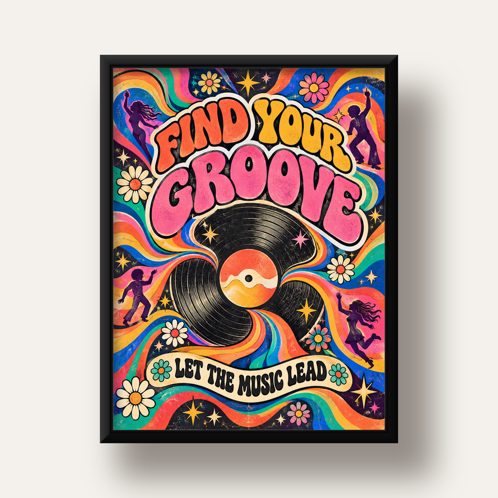 Retro Müzik ve Dans Temalı Psychedelic Poster Baskı — siyah derin çerçeveli