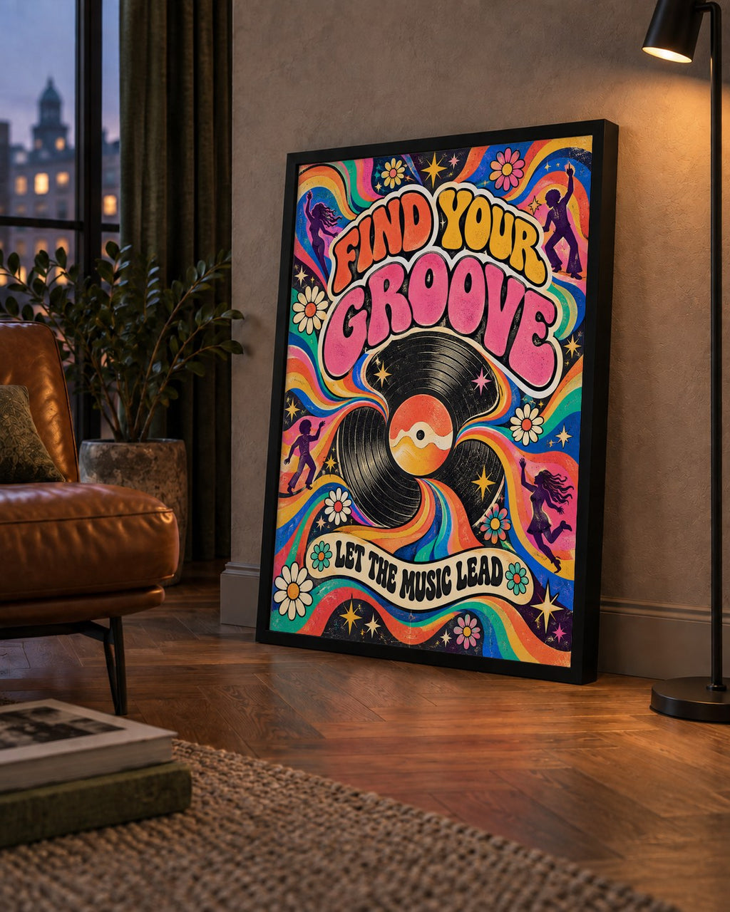 Retro Müzik ve Dans Temalı Psychedelic Poster Baskı — çerçeveli hâliyle bir ev duvarında