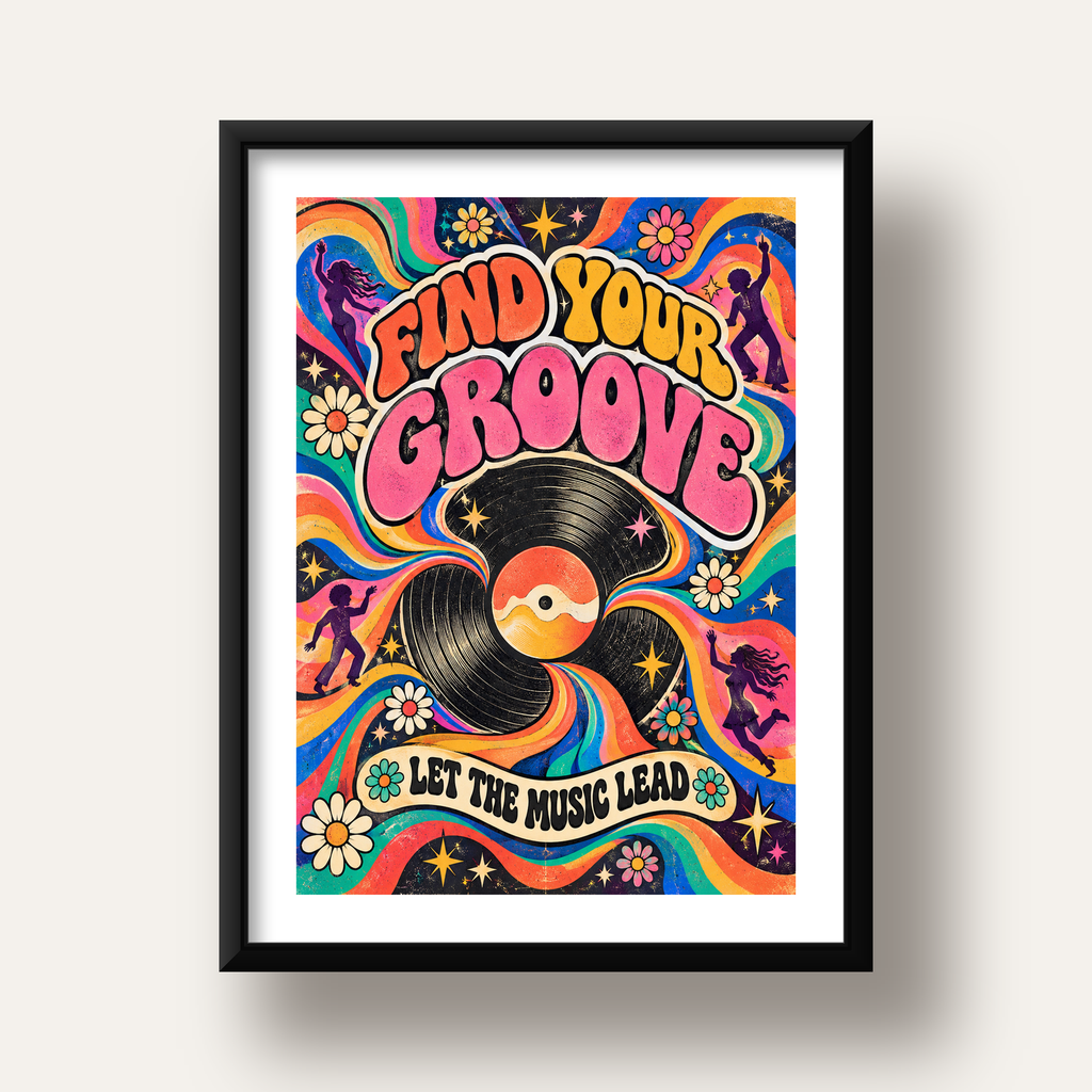 Retro Müzik ve Dans Temalı Psychedelic Poster Baskı — siyah derin çerçeveli paspartulu