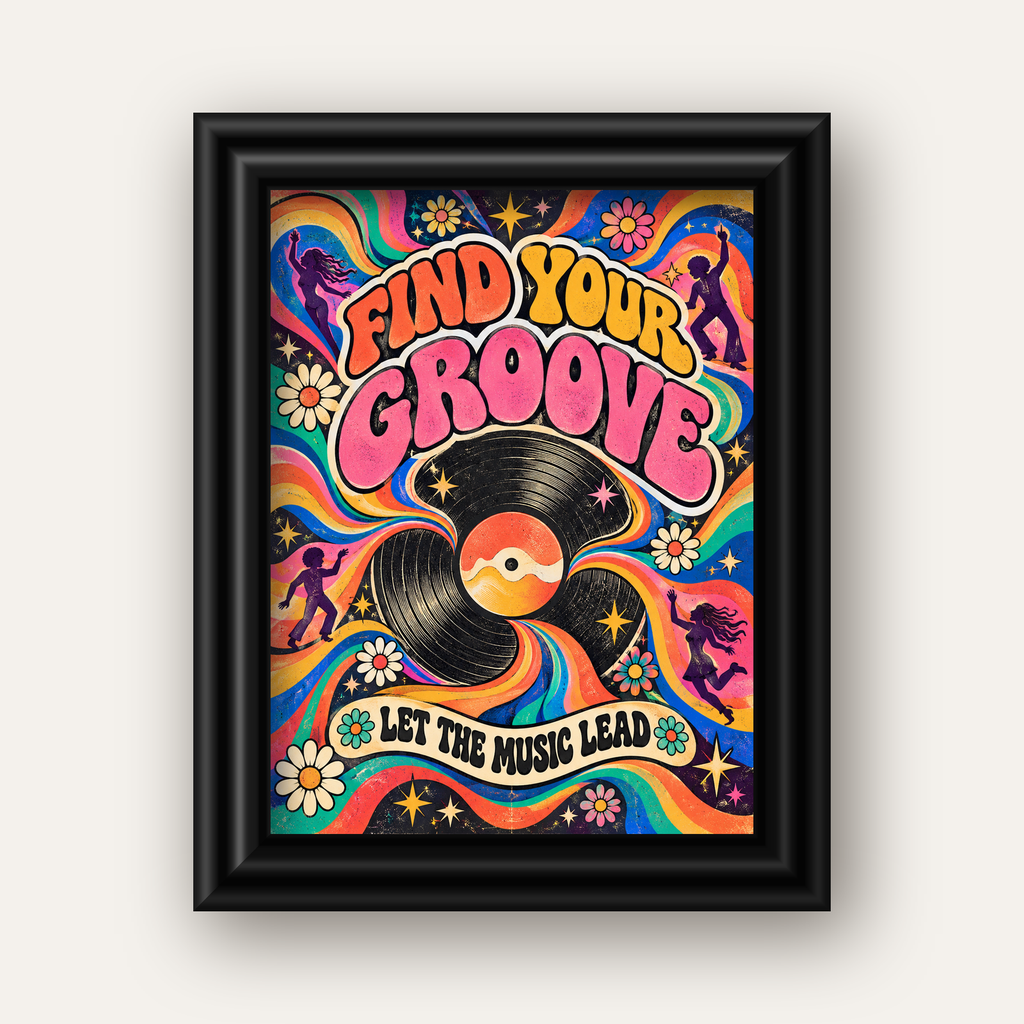 Retro Müzik ve Dans Temalı Psychedelic Poster Baskı — siyah galeri çerçeveli