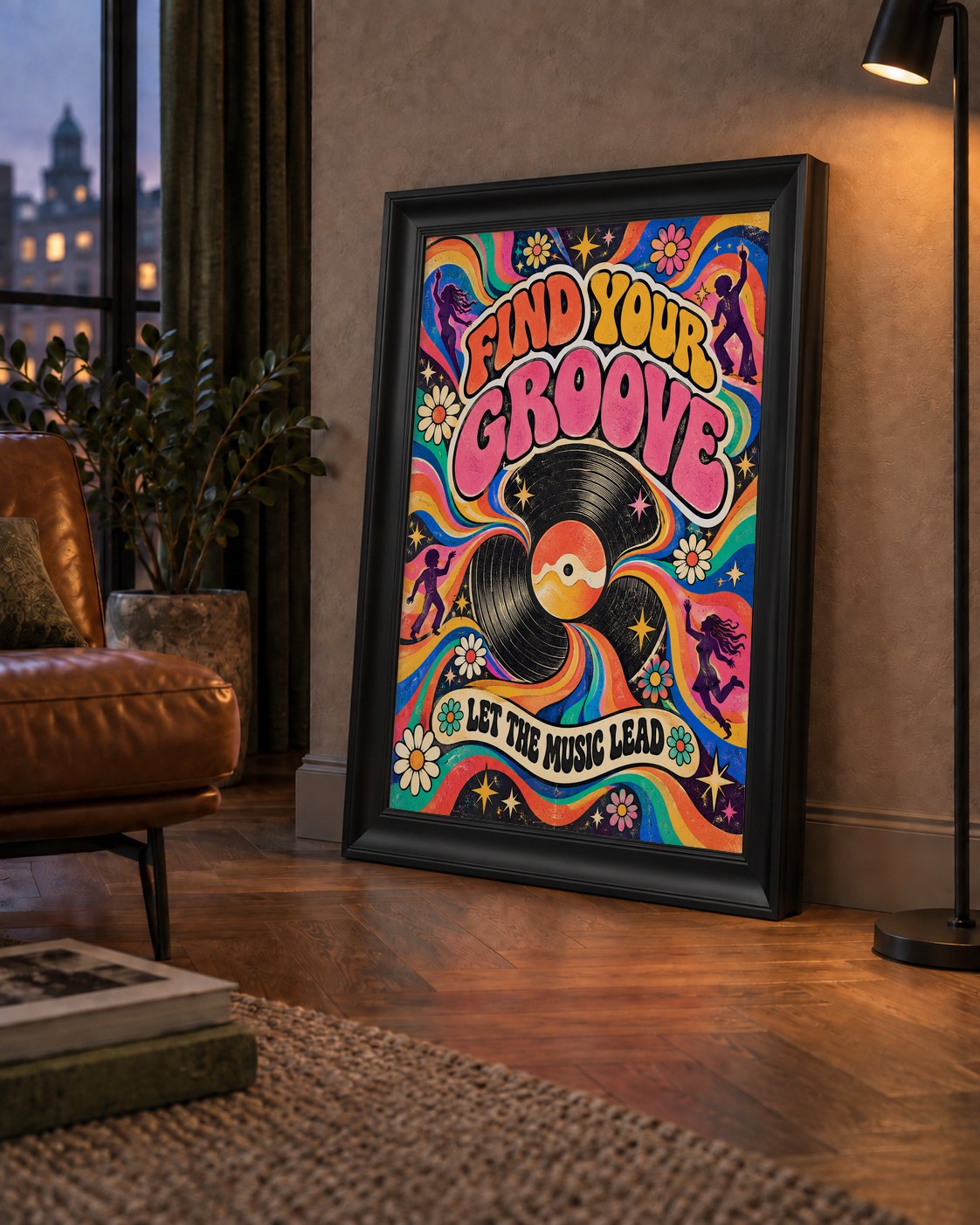 Retro Müzik ve Dans Temalı Psychedelic Poster Baskı — çerçeveli hâliyle bir ev duvarında