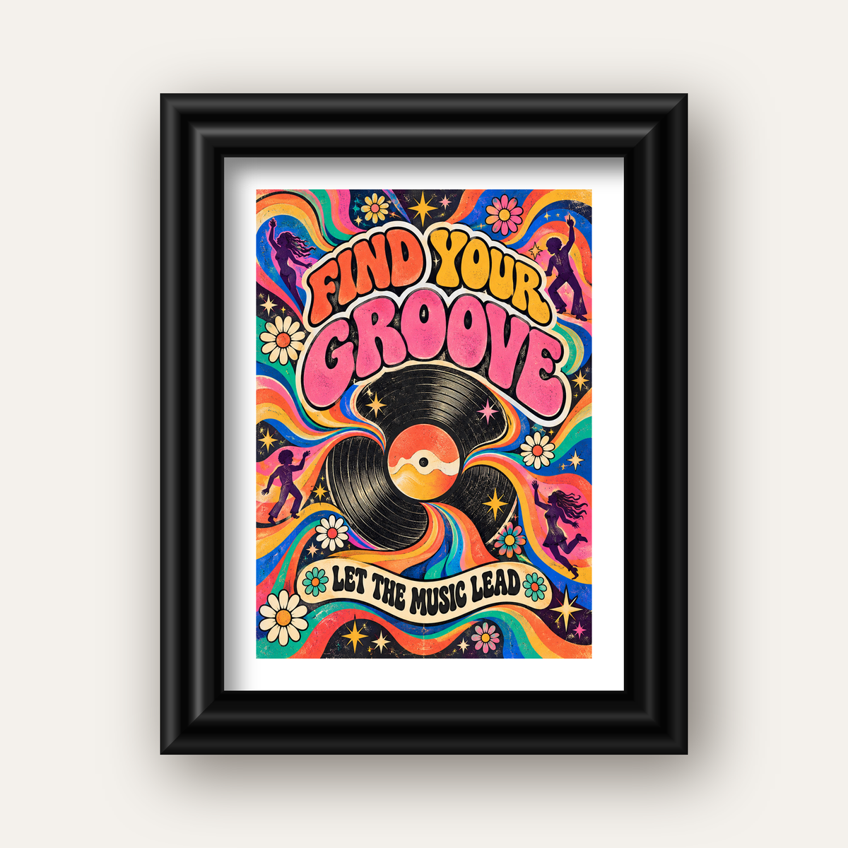 Retro Müzik ve Dans Temalı Psychedelic Poster Baskı — siyah galeri çerçeveli paspartulu