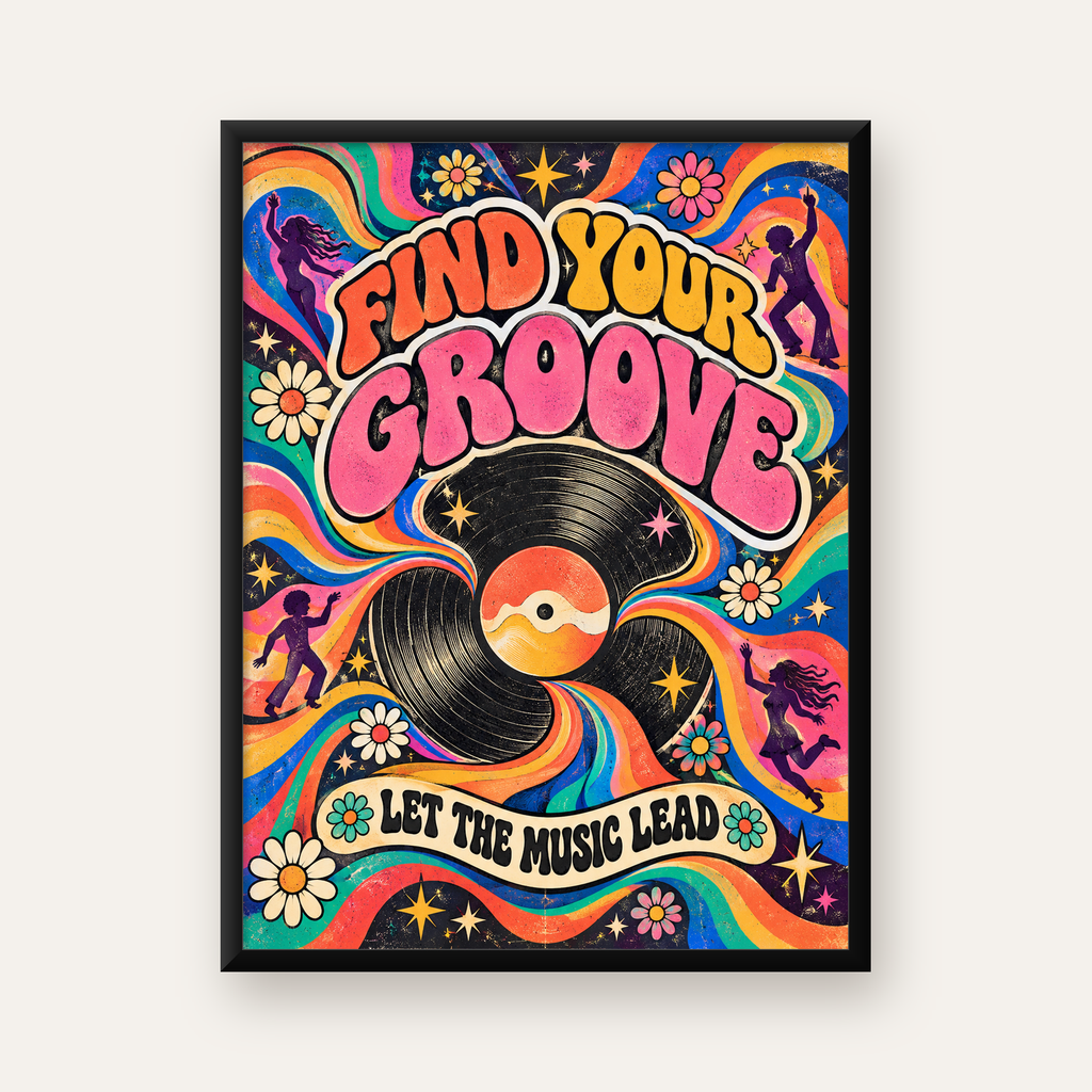 Retro Müzik ve Dans Temalı Psychedelic Poster Baskı — Dikey baskı, düz siyah çerçeveli duvar posteri