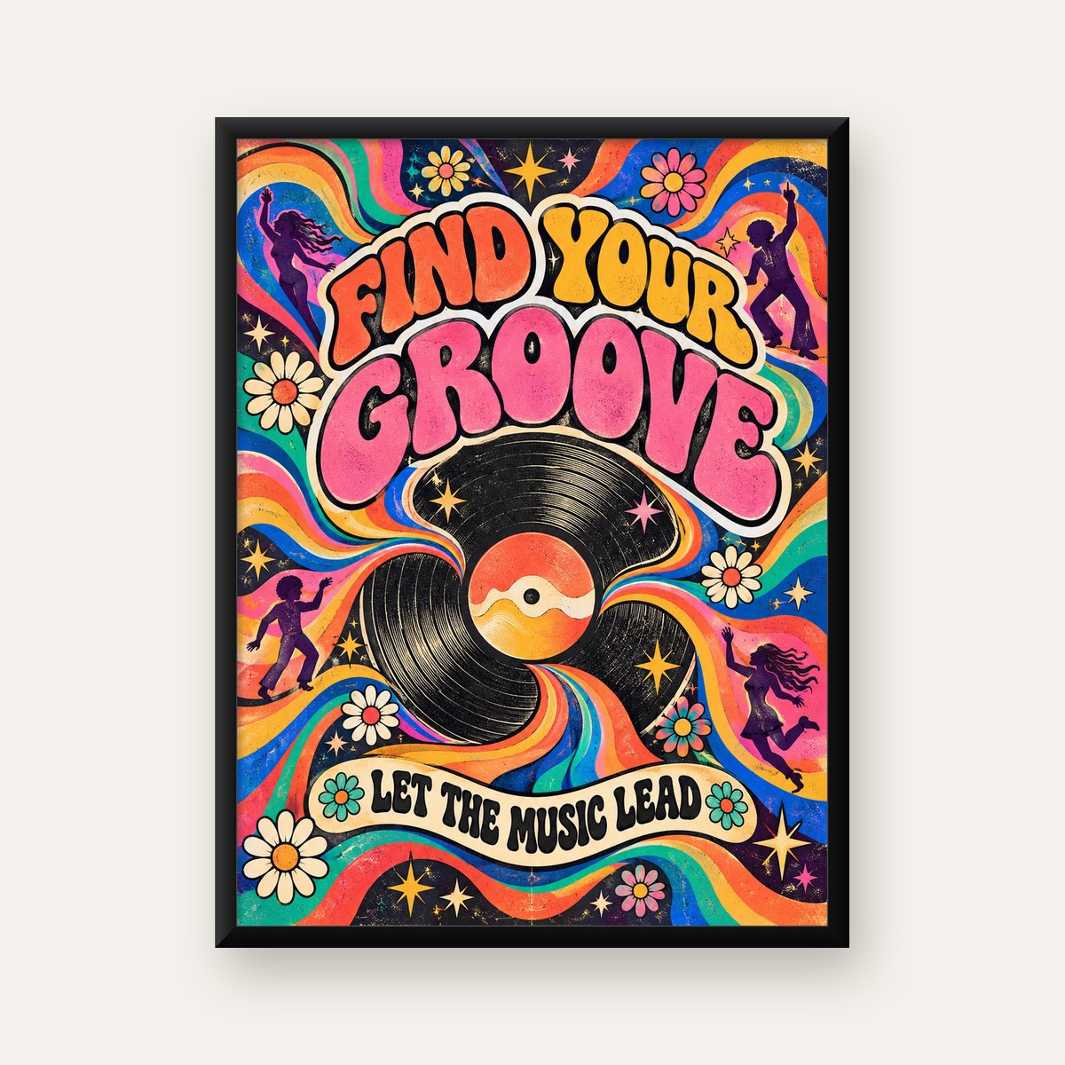 Retro Müzik ve Dans Temalı Psychedelic Poster Baskı — Dikey baskı, düz siyah çerçeveli duvar posteri