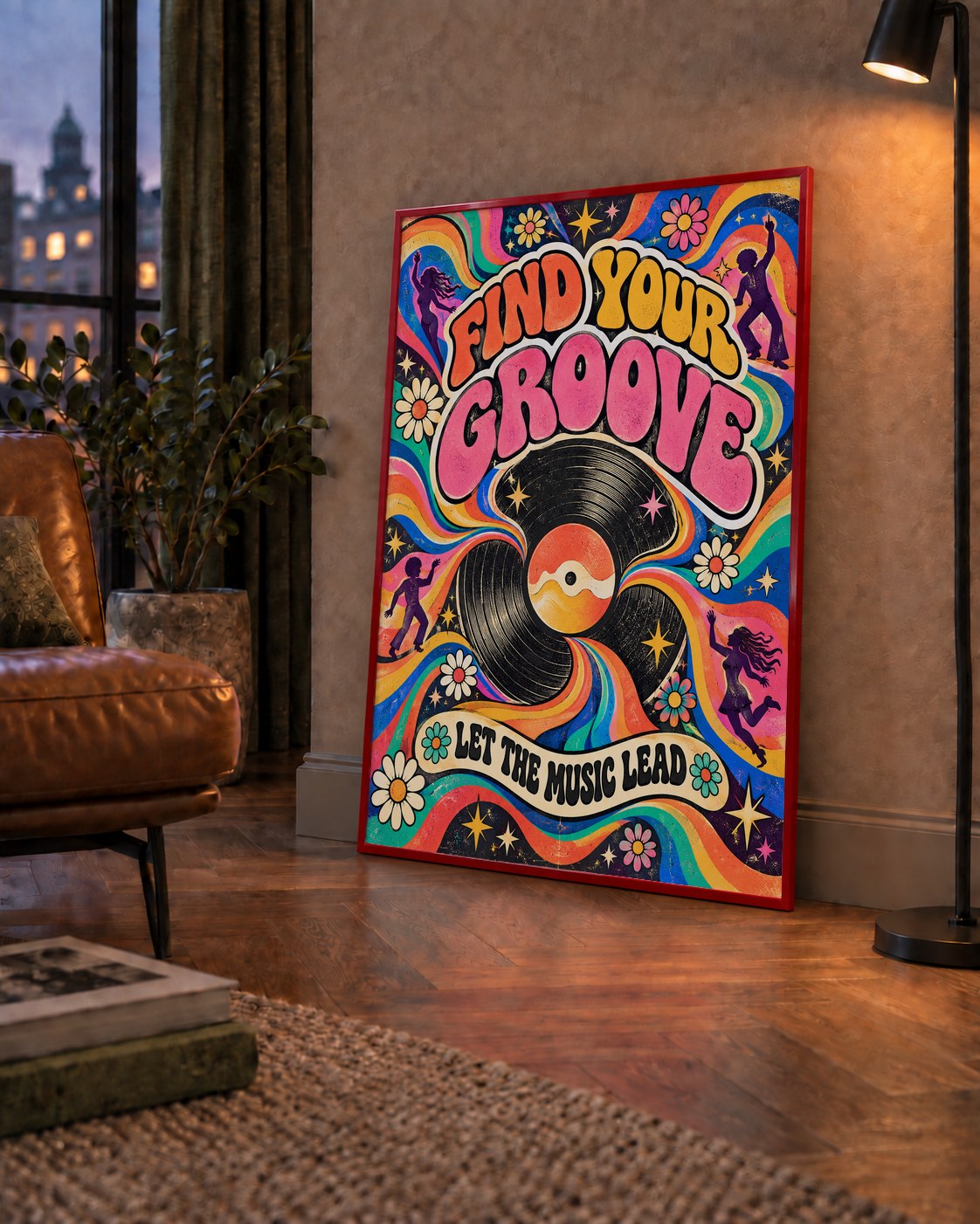 Retro Müzik ve Dans Temalı Psychedelic Poster Baskı — çerçeveli hâliyle bir ev duvarında