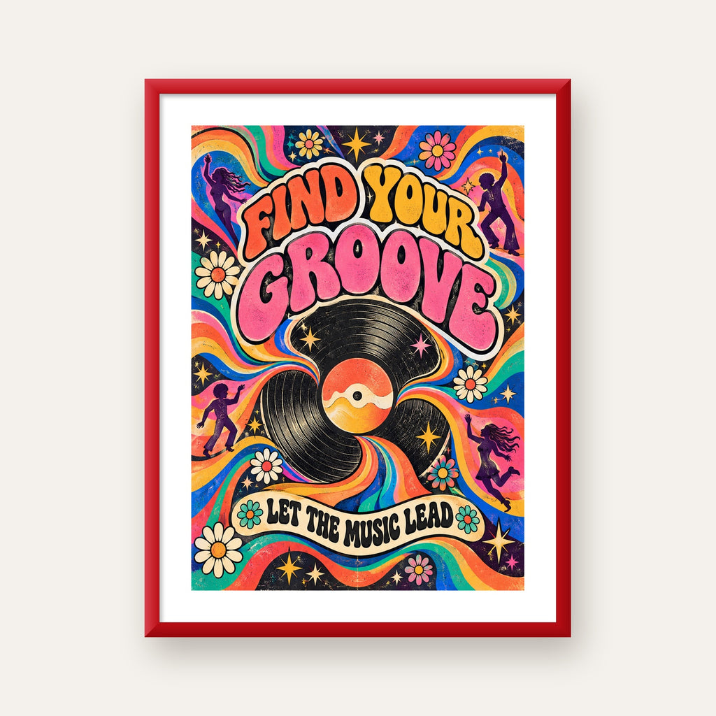Retro Müzik ve Dans Temalı Psychedelic Poster Baskı — kırmızı çerçeveli paspartulu