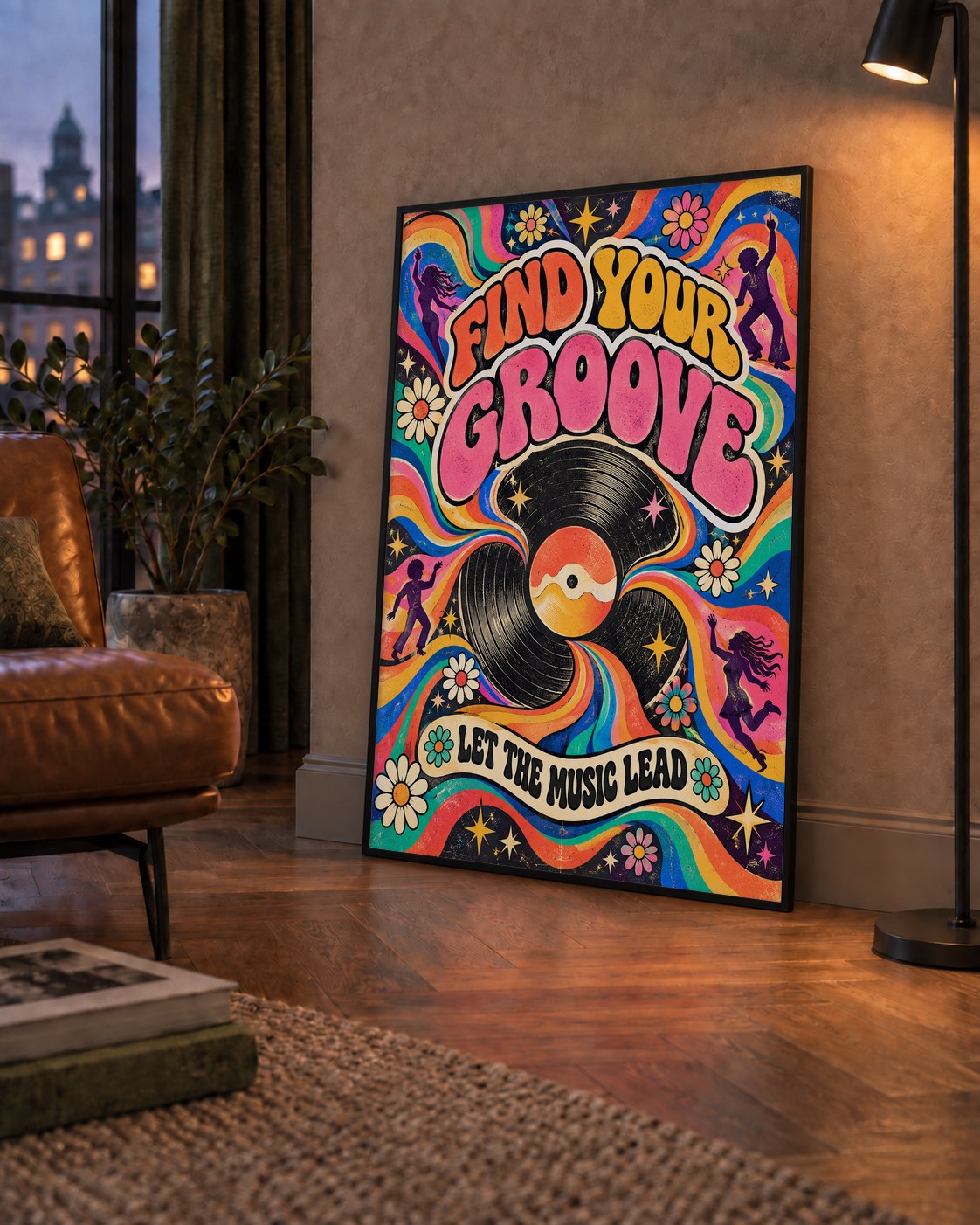 Retro Müzik ve Dans Temalı Psychedelic Poster Baskı — çerçeveli hâliyle bir ev duvarında