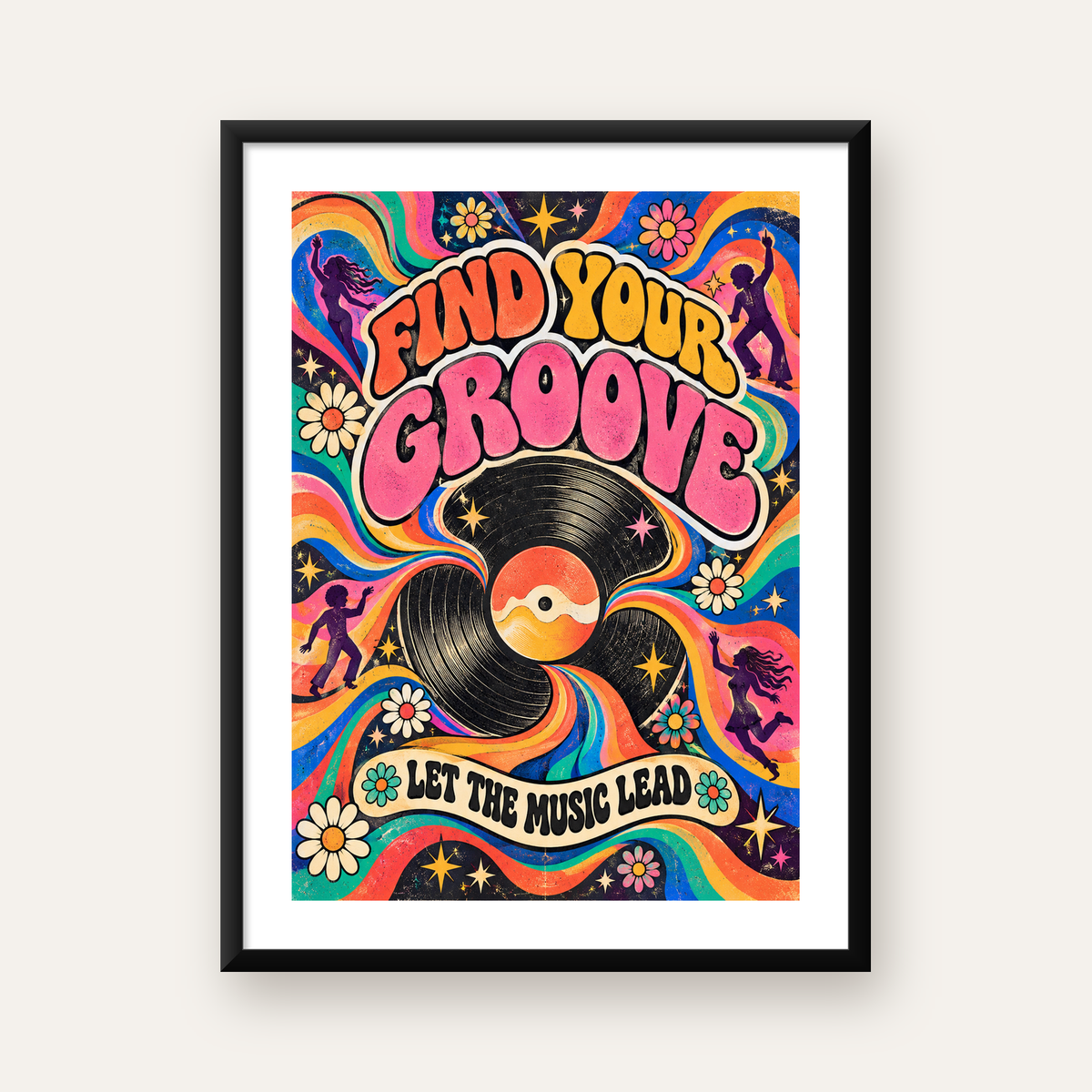 Retro Müzik ve Dans Temalı Psychedelic Poster Baskı — Dikey baskı, beyaz paspartulu