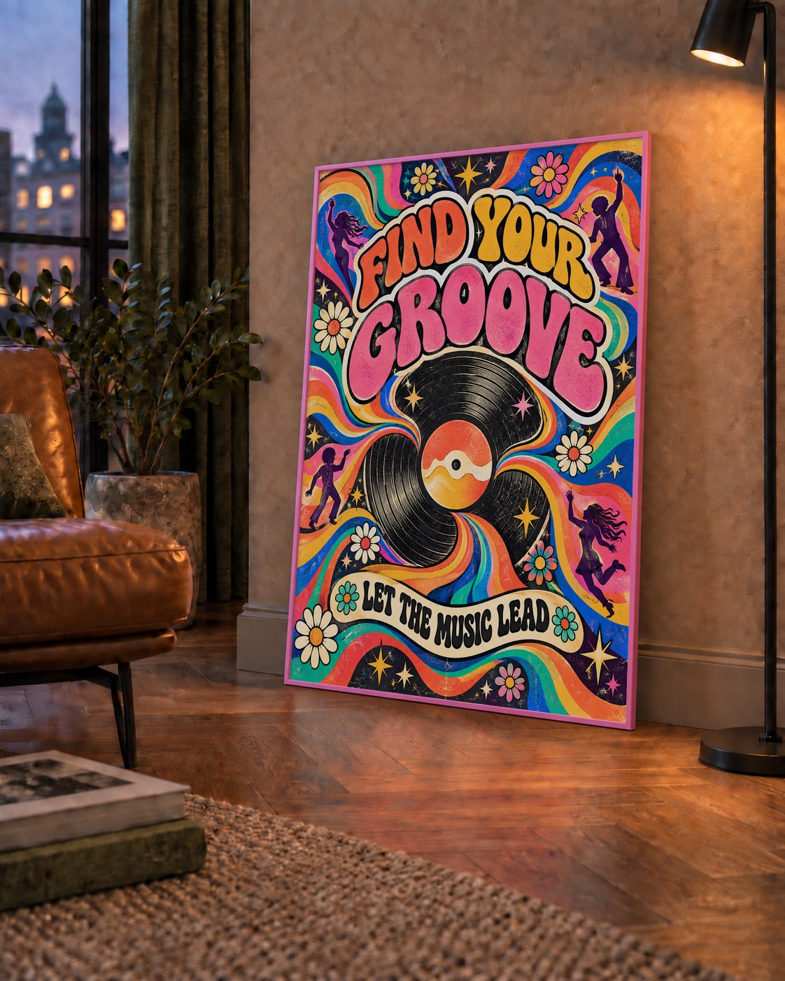 Retro Müzik ve Dans Temalı Psychedelic Poster Baskı — çerçeveli hâliyle bir ev duvarında