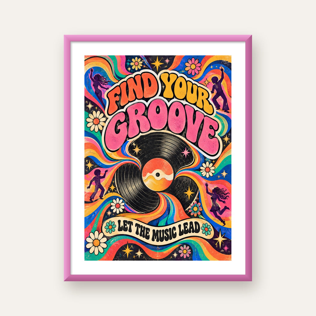 Retro Müzik ve Dans Temalı Psychedelic Poster Baskı — pembe çerçeveli paspartulu