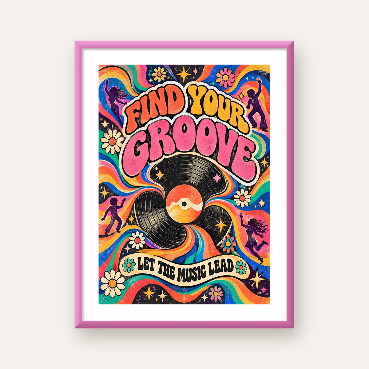 Retro Müzik ve Dans Temalı Psychedelic Poster Baskı — pembe çerçeveli paspartulu