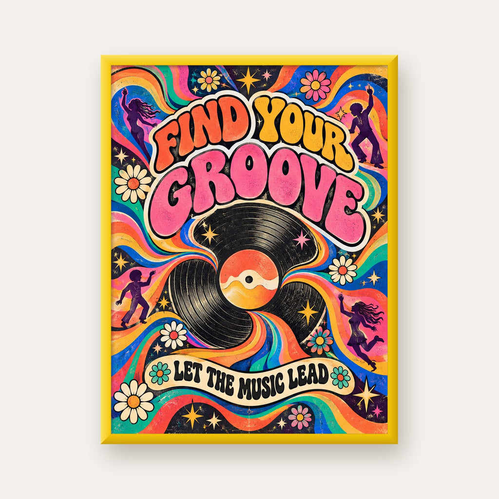 Retro Müzik ve Dans Temalı Psychedelic Poster Baskı — sarı çerçeveli