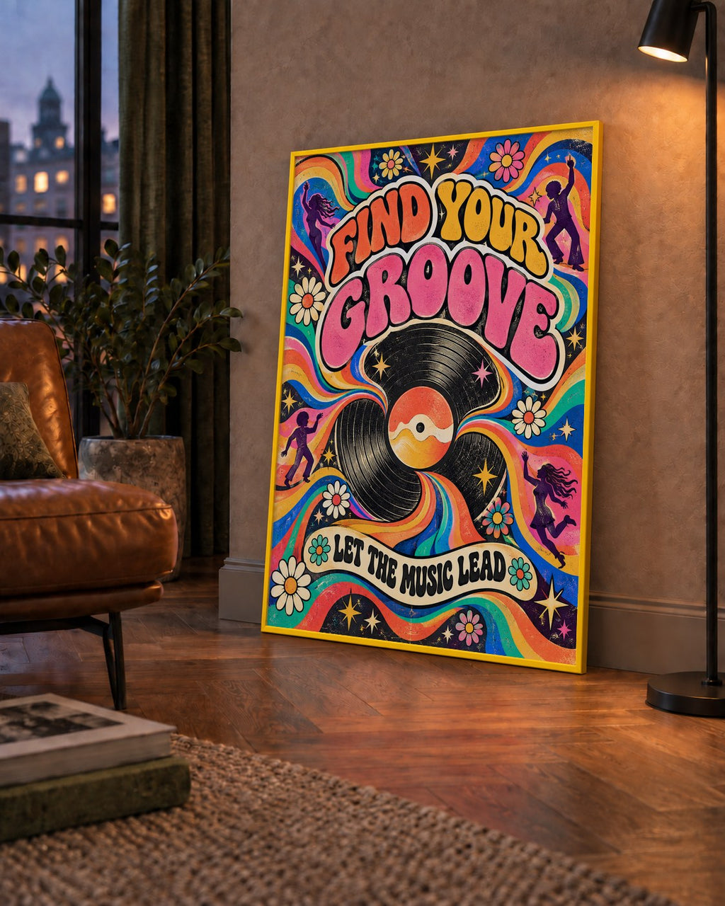 Retro Müzik ve Dans Temalı Psychedelic Poster Baskı — çerçeveli hâliyle bir ev duvarında