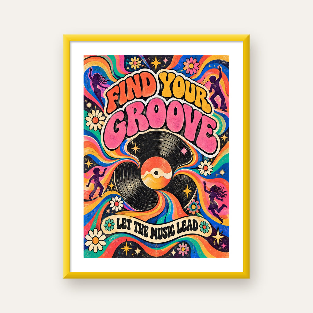 Retro Müzik ve Dans Temalı Psychedelic Poster Baskı — sarı çerçeveli paspartulu