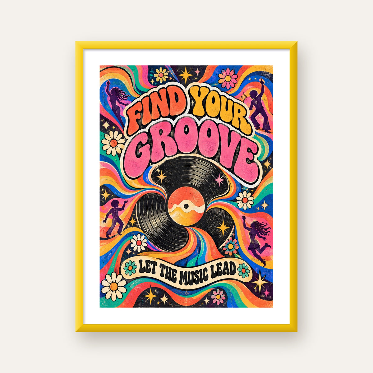 Retro Müzik ve Dans Temalı Psychedelic Poster Baskı — sarı çerçeveli paspartulu