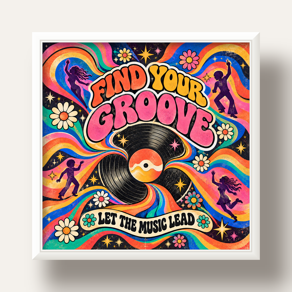 Retro Müzik ve Dans Temalı Psychedelic Poster Baskı — beyaz derin çerçeveli