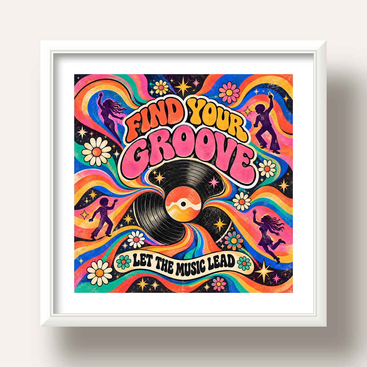 Retro Müzik ve Dans Temalı Psychedelic Poster Baskı — beyaz derin çerçeveli paspartulu