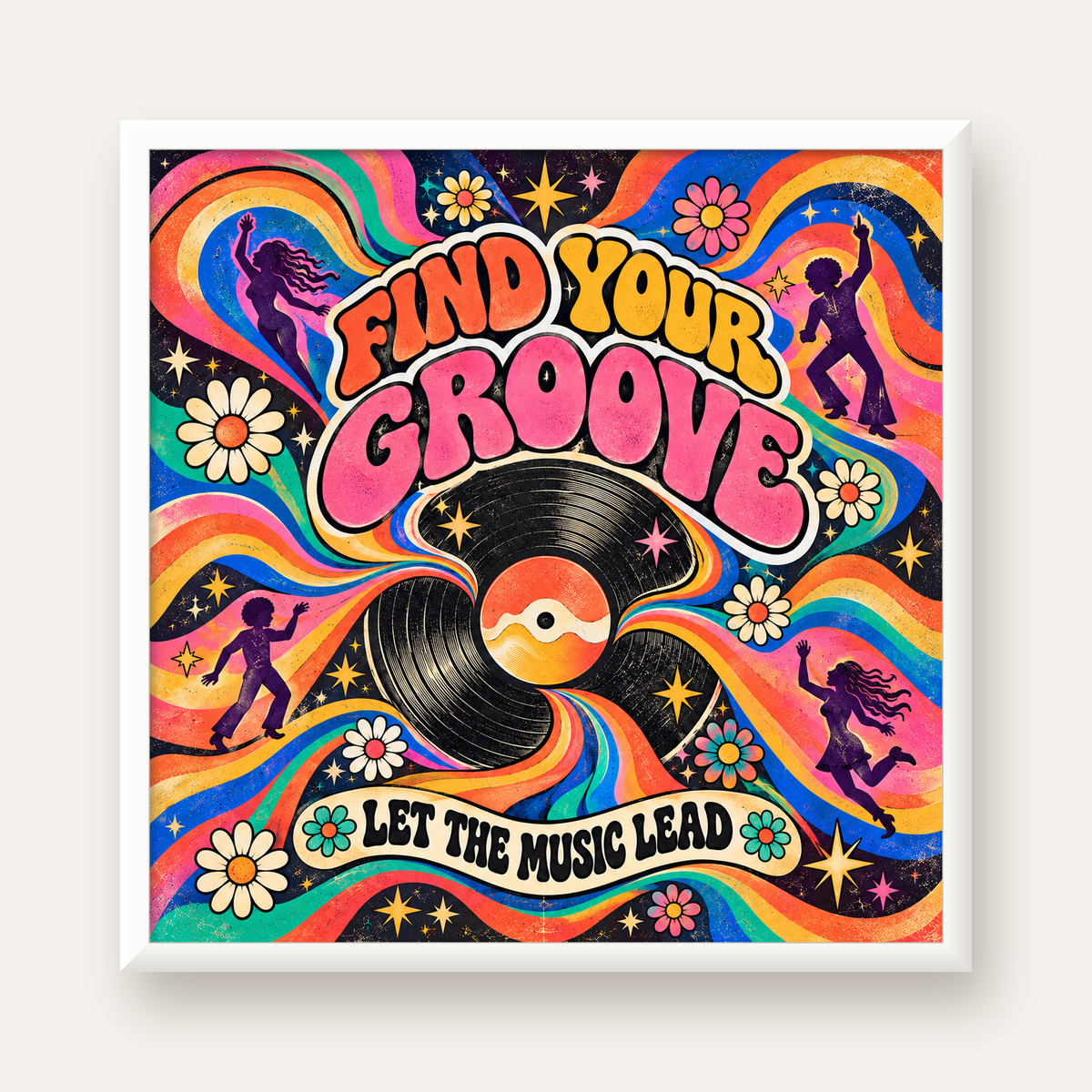 Retro Müzik ve Dans Temalı Psychedelic Poster Baskı — beyaz çerçeveli kare poster