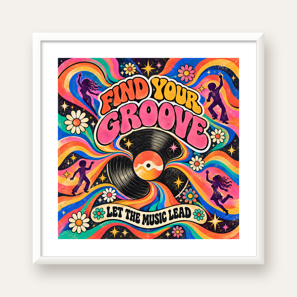 Retro Müzik ve Dans Temalı Psychedelic Poster Baskı — beyaz çerçeveli kare poster