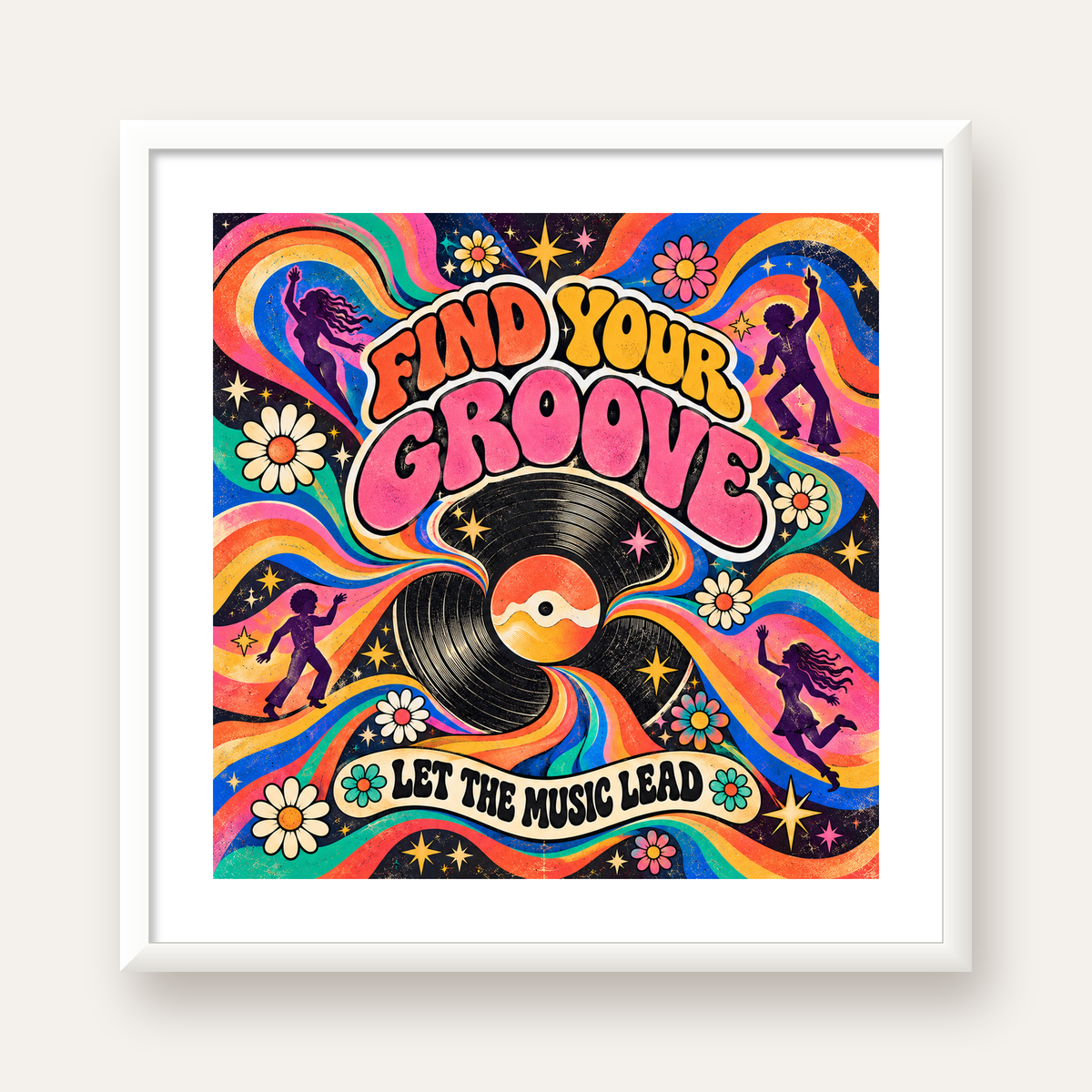 Retro Müzik ve Dans Temalı Psychedelic Poster Baskı — beyaz çerçeveli kare poster