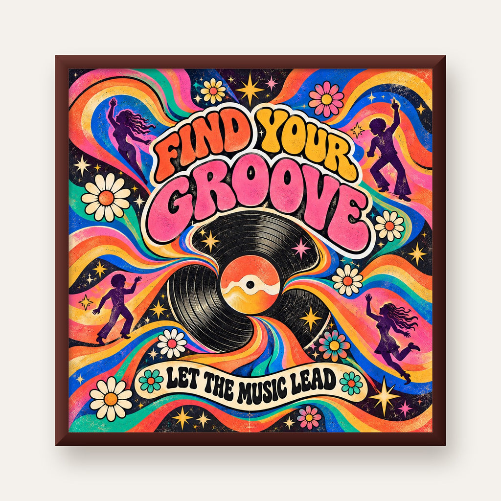 Retro Müzik ve Dans Temalı Psychedelic Poster Baskı — ceviz çerçeveli