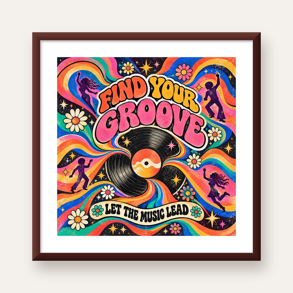 Retro Müzik ve Dans Temalı Psychedelic Poster Baskı — ceviz çerçeveli paspartulu