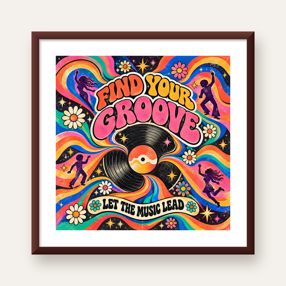 Retro Müzik ve Dans Temalı Psychedelic Poster Baskı — ceviz çerçeveli paspartulu