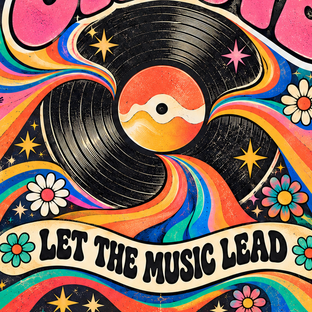Retro Müzik ve Dans Temalı Psychedelic Poster Baskı — baskının yakın çekimi, kâğıt dokusu ve renk detayı