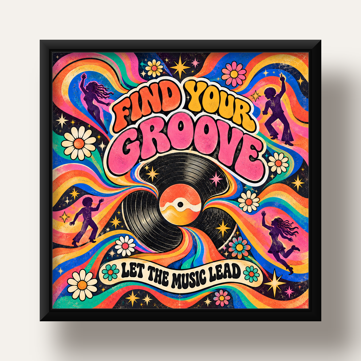 Retro Müzik ve Dans Temalı Psychedelic Poster Baskı — siyah derin çerçeveli