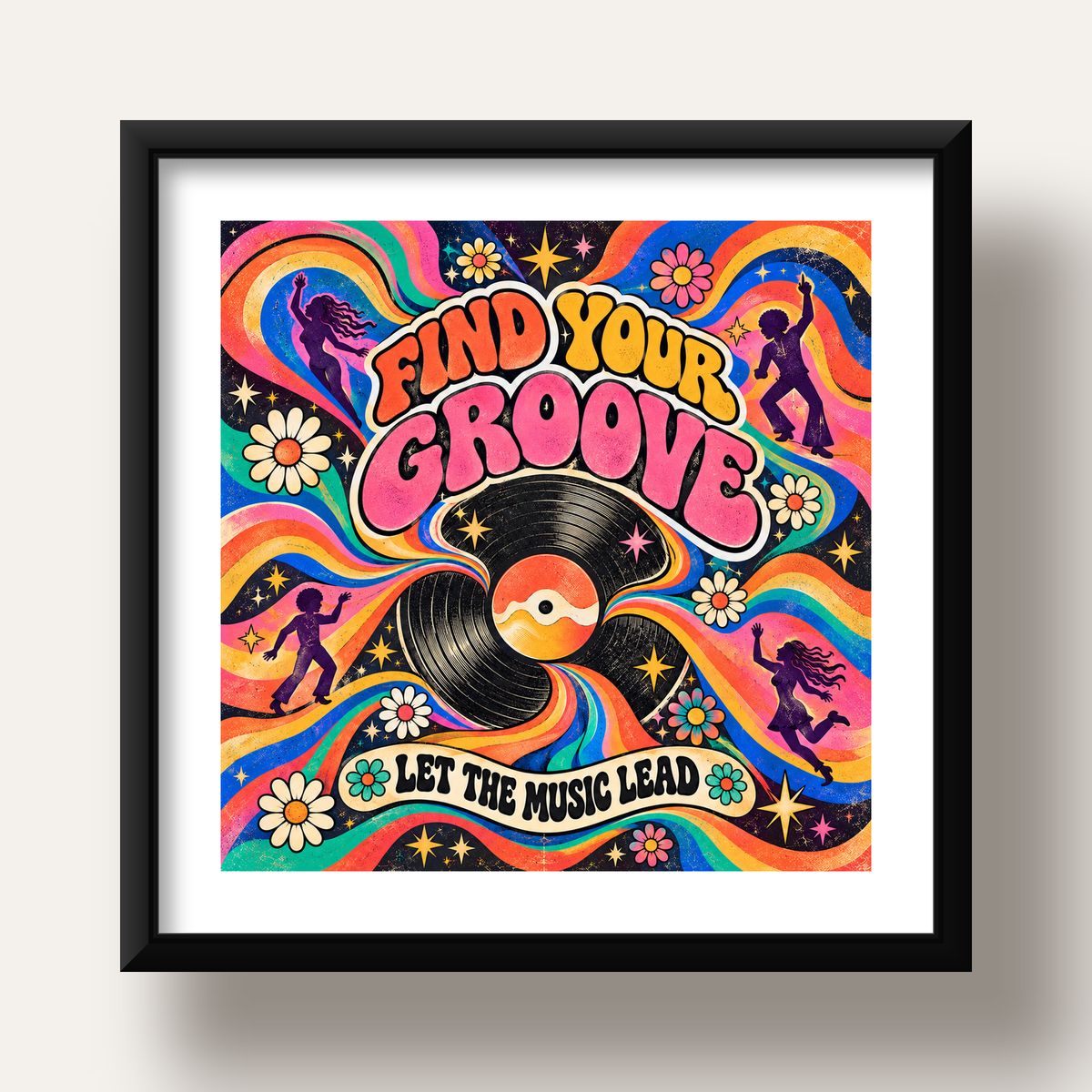 Retro Müzik ve Dans Temalı Psychedelic Poster Baskı — siyah derin çerçeveli paspartulu
