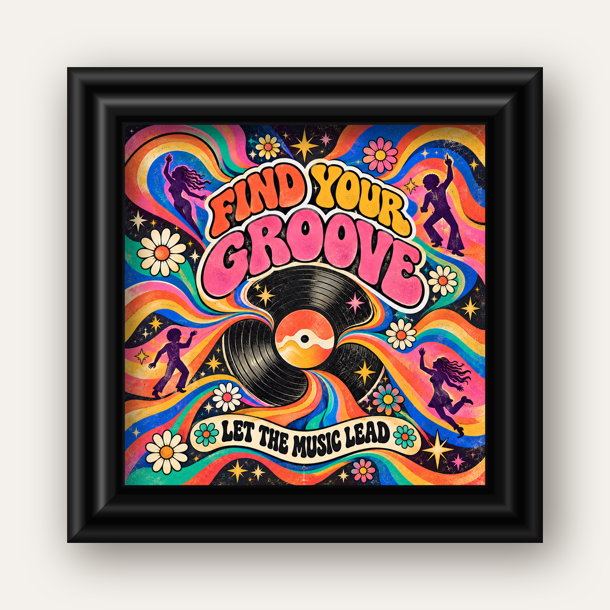 Retro Müzik ve Dans Temalı Psychedelic Poster Baskı — siyah galeri çerçeveli