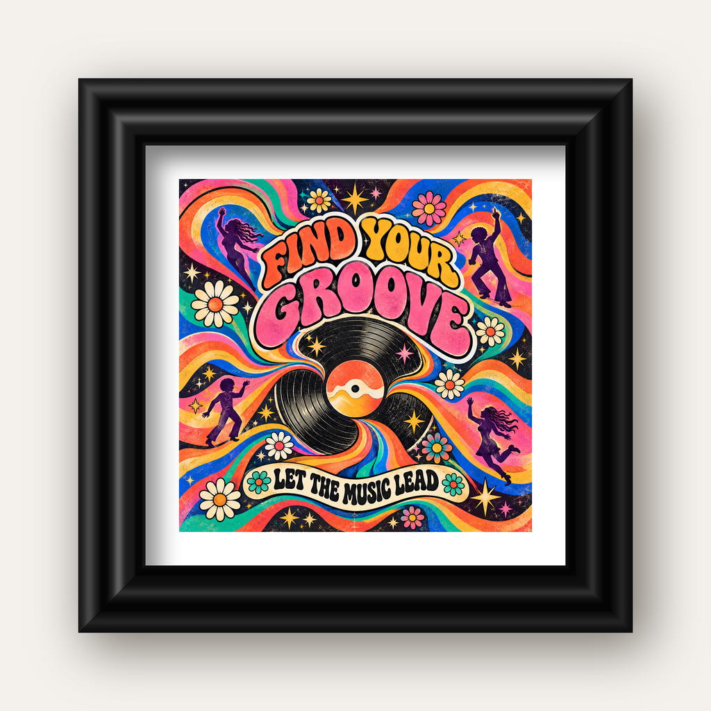 Retro Müzik ve Dans Temalı Psychedelic Poster Baskı — siyah galeri çerçeveli paspartulu