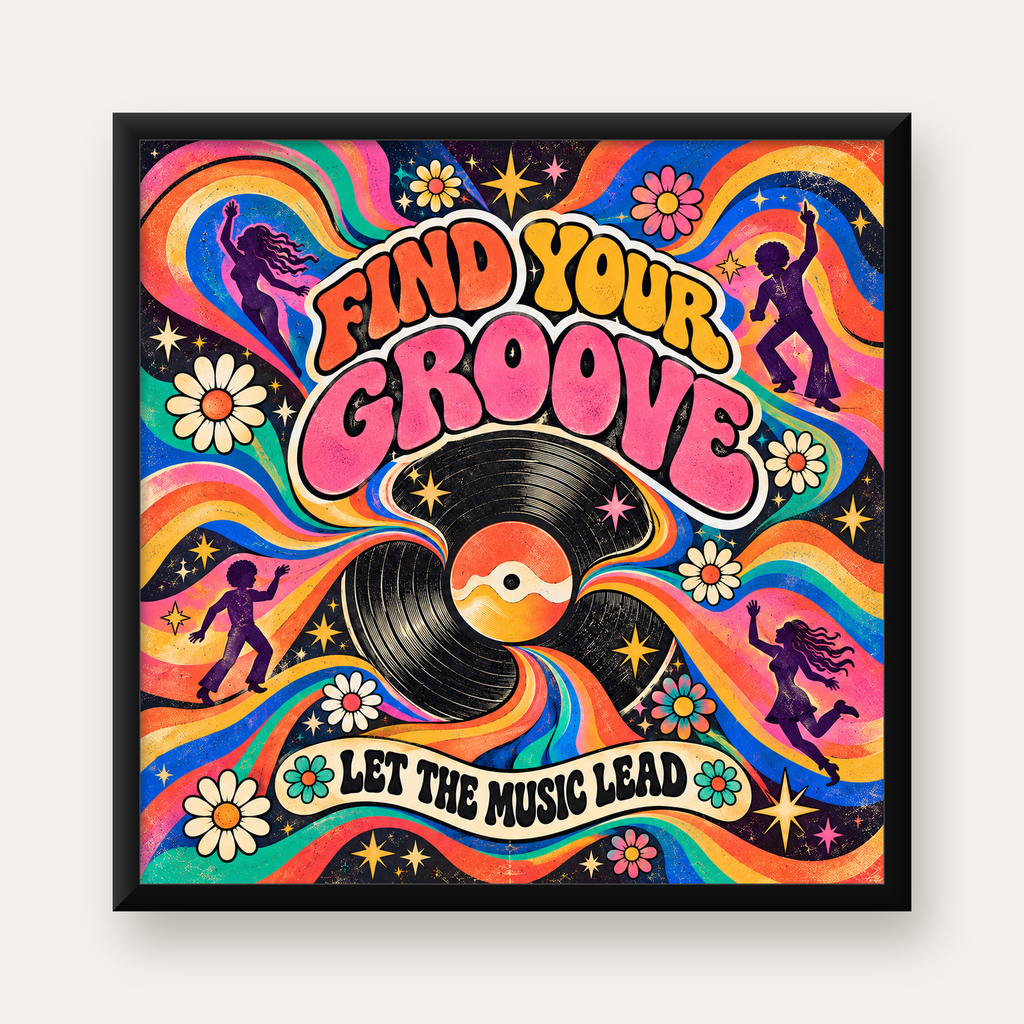 Retro Müzik ve Dans Temalı Psychedelic Poster Baskı — Kare baskı, düz siyah çerçeveli duvar posteri
