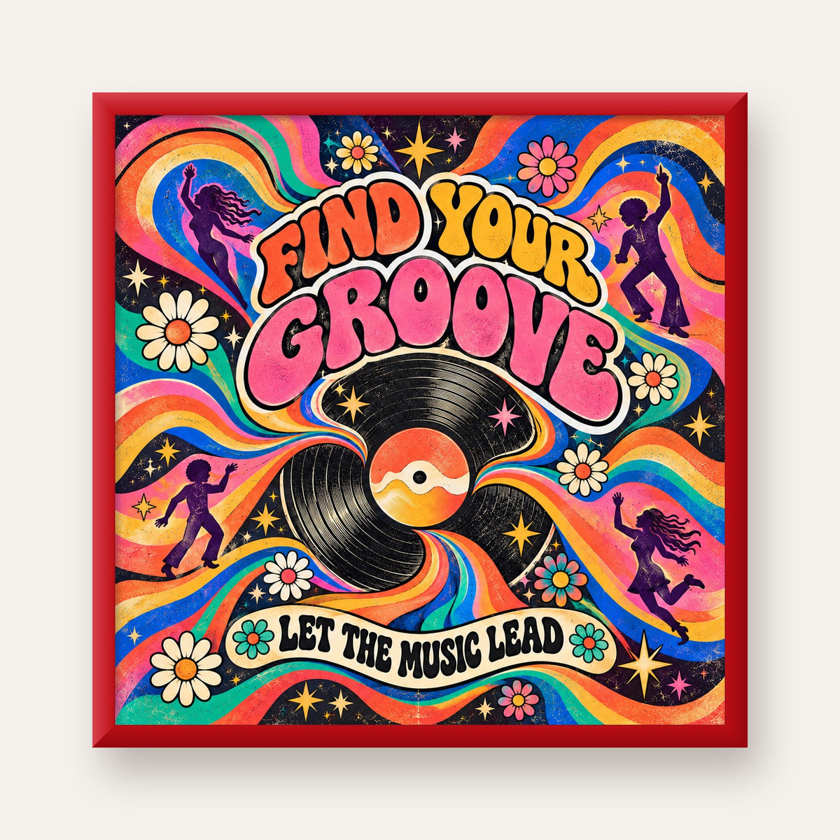 Retro Müzik ve Dans Temalı Psychedelic Poster Baskı — kırmızı çerçeveli