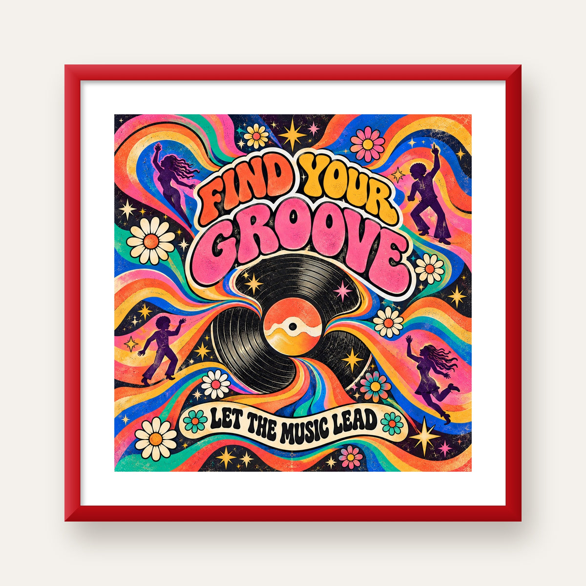 Retro Müzik ve Dans Temalı Psychedelic Poster Baskı — kırmızı çerçeveli paspartulu