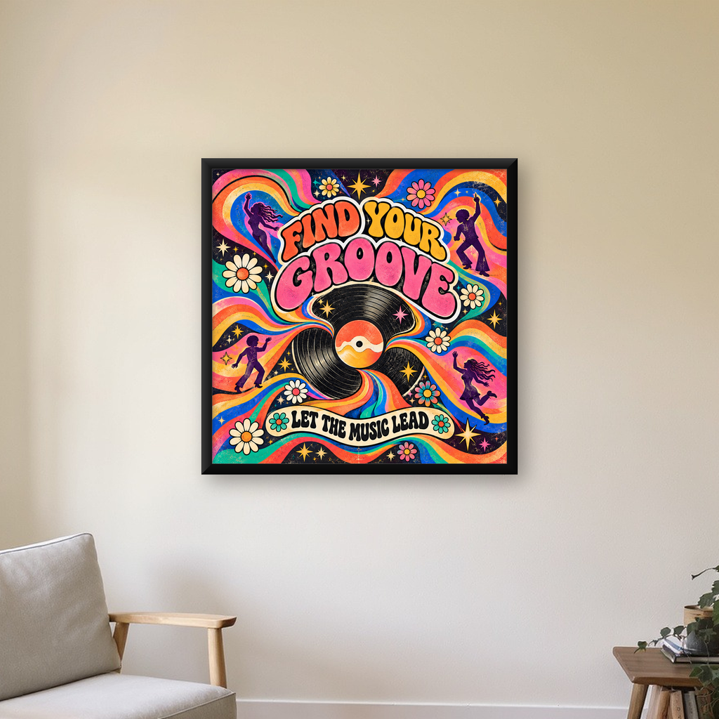 Retro Müzik ve Dans Temalı Psychedelic Poster Baskı — Kare baskı, çerçeveli hâliyle bir ev duvarında