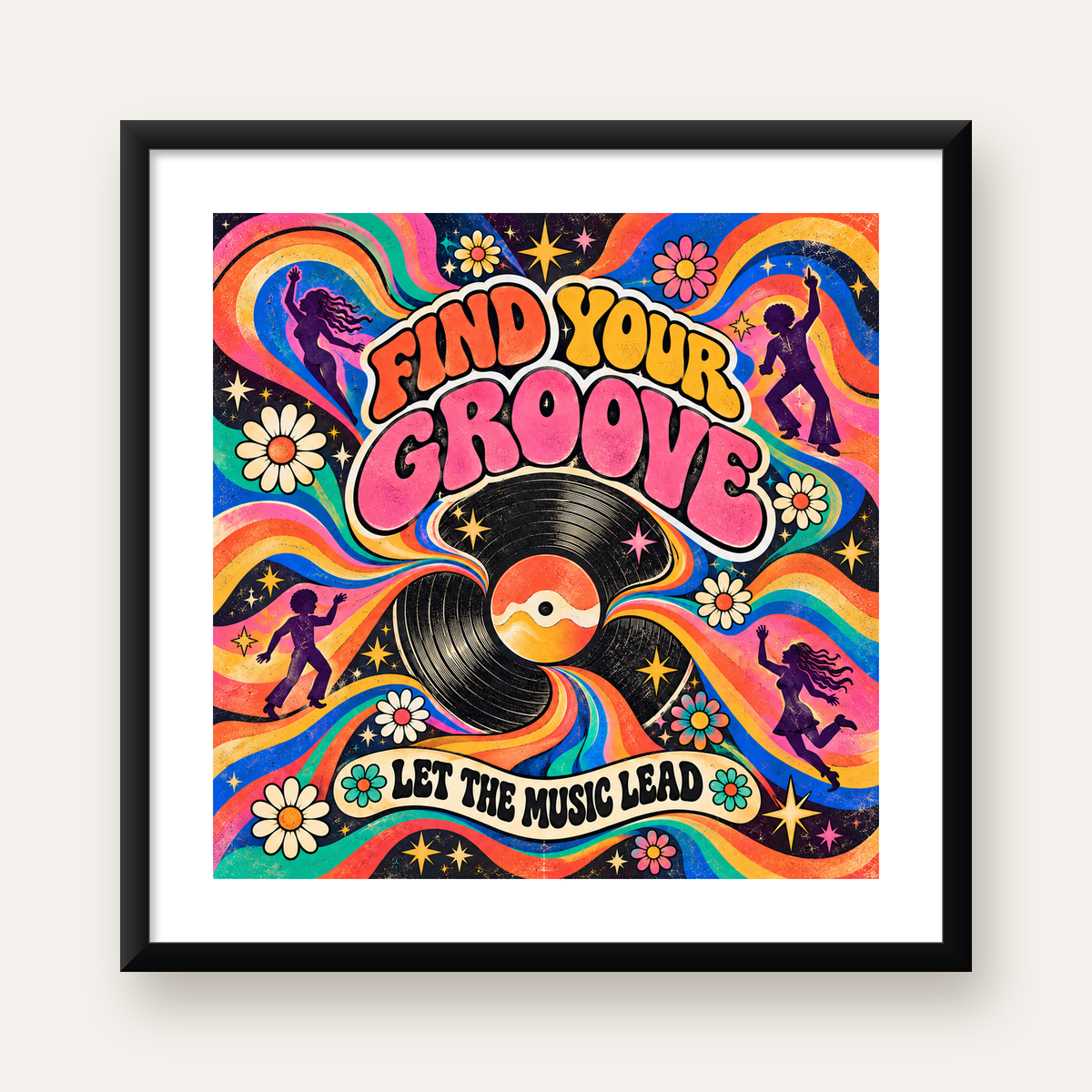 Retro Müzik ve Dans Temalı Psychedelic Poster Baskı — Kare baskı, beyaz paspartulu