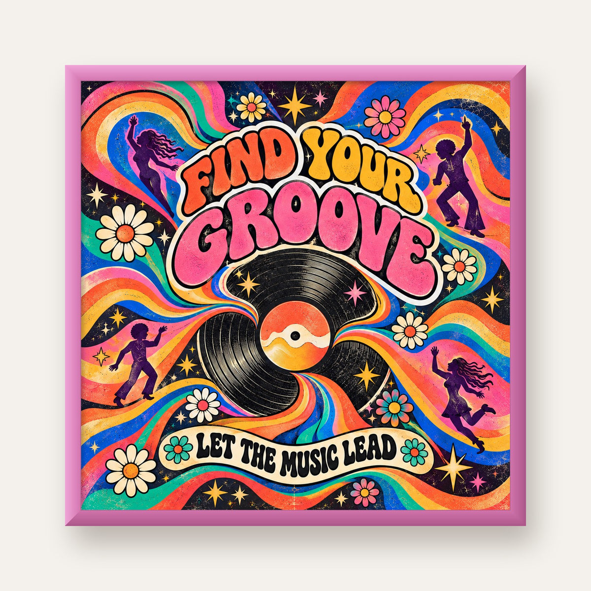 Retro Müzik ve Dans Temalı Psychedelic Poster Baskı — pembe çerçeveli