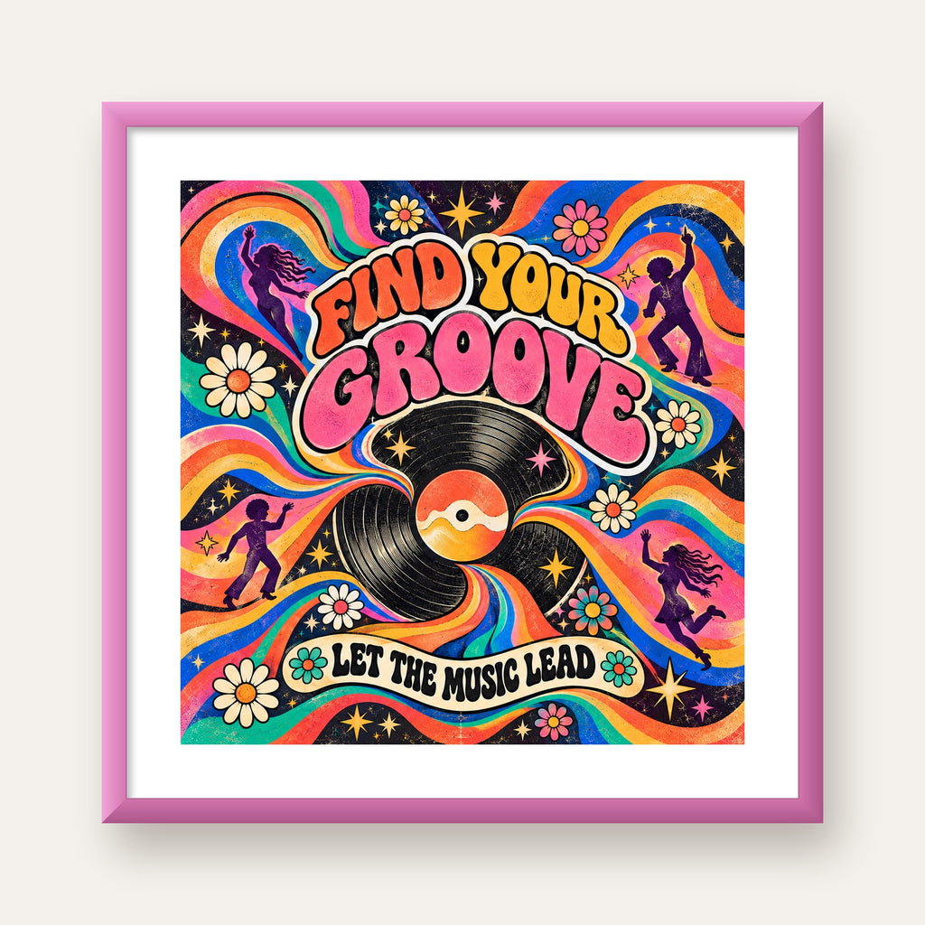 Retro Müzik ve Dans Temalı Psychedelic Poster Baskı — pembe çerçeveli paspartulu