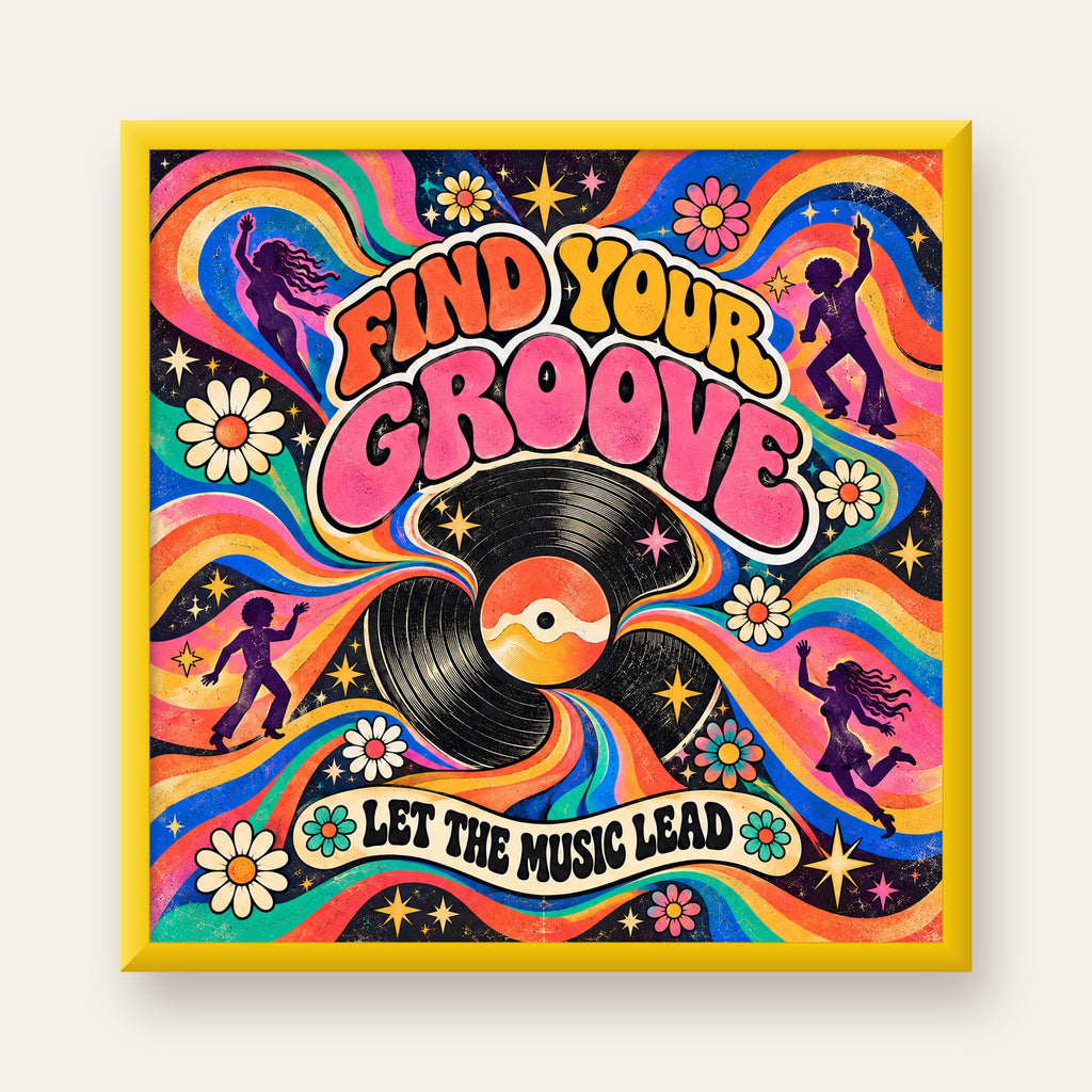 Retro Müzik ve Dans Temalı Psychedelic Poster Baskı — sarı çerçeveli